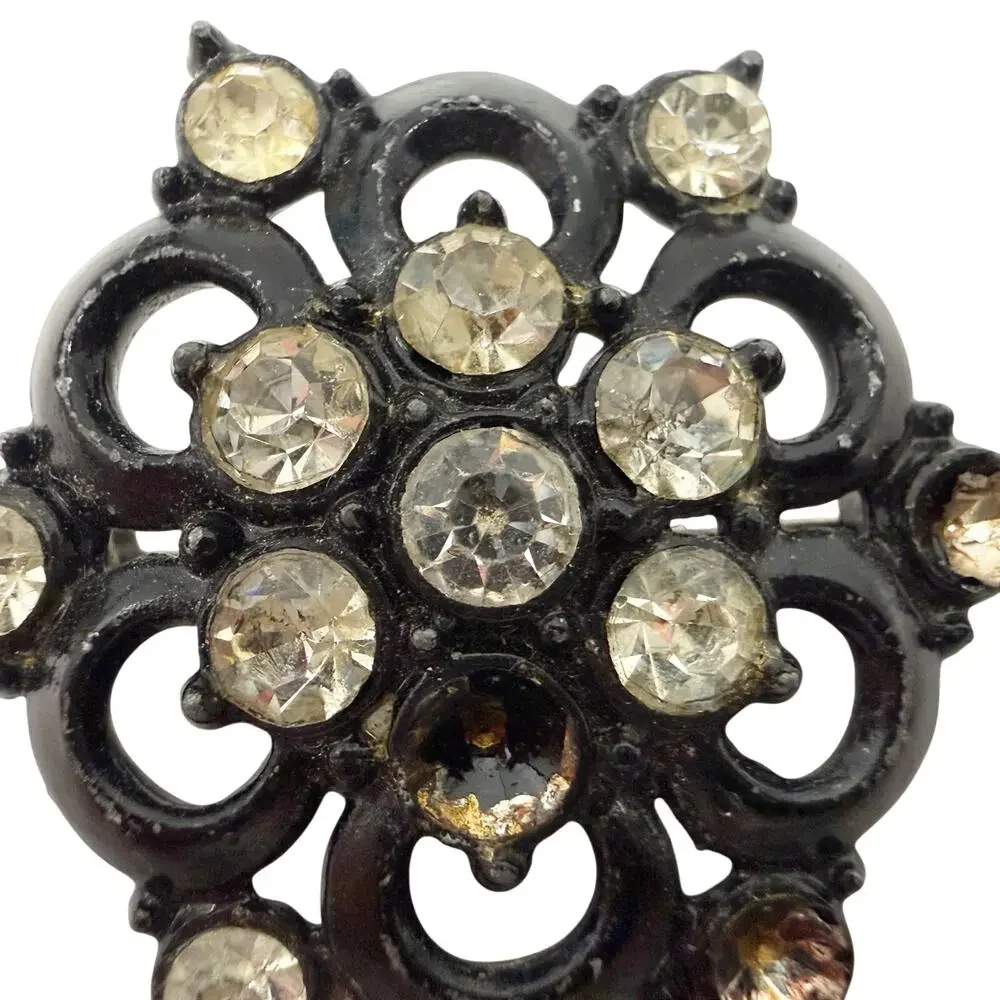 vintage black metal & clear rhinestones BROOCH jewelry pin